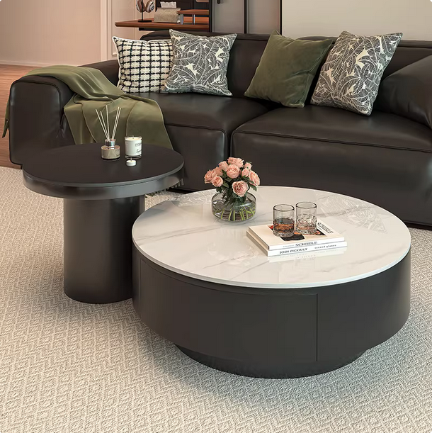 中古风圆形岩板茶几组合 