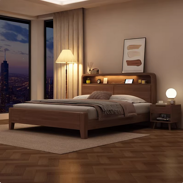 北欧实木床简约现代胡桃色主卧床 